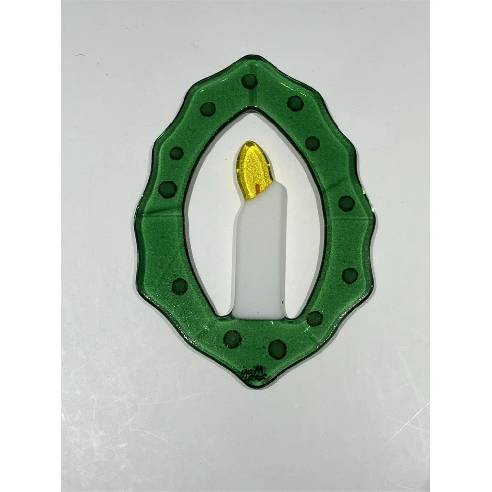Handcrafted Fused Glass Christmas Wreath & Candle Suncatcher Peppermint Signed